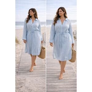 Reistor Hemp Dress Blue Long Sleeve Drawstring Waist Classic Coastal Vibes SZXL